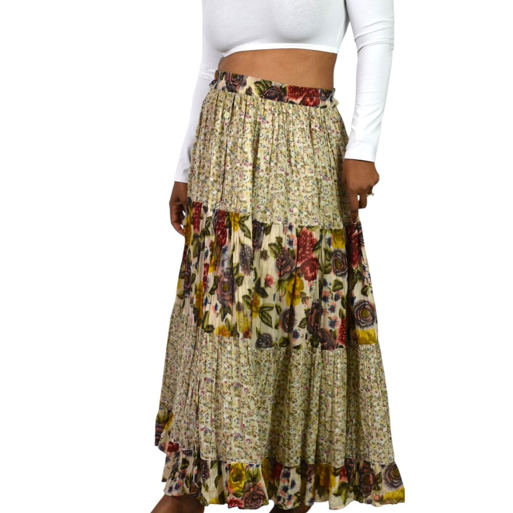 Vintage Tangibles Broomstick Skirt Tan Floral Tier Maxi Gauzy Rayon India Medium - Picture 13 of 16
